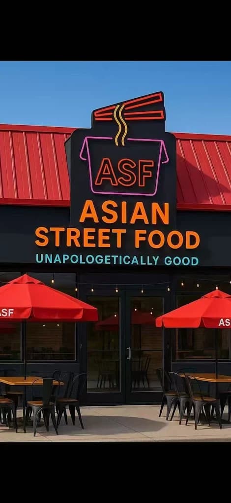 The ASF storefront: neon takeout-box logo over the words Asian Street Food, Unapologetically Good, with red umbrellas out front.
