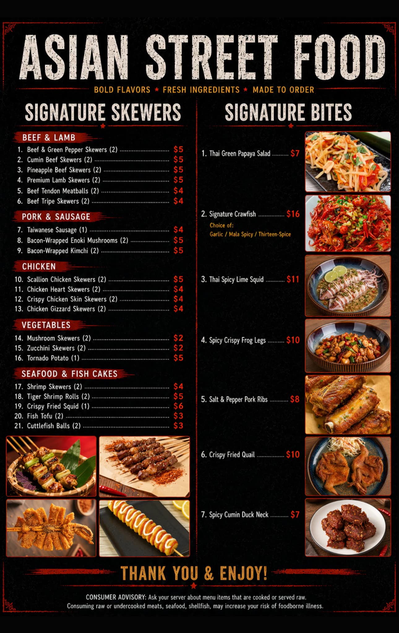 ASF menu front: signature skewers and signature bites, with prices.